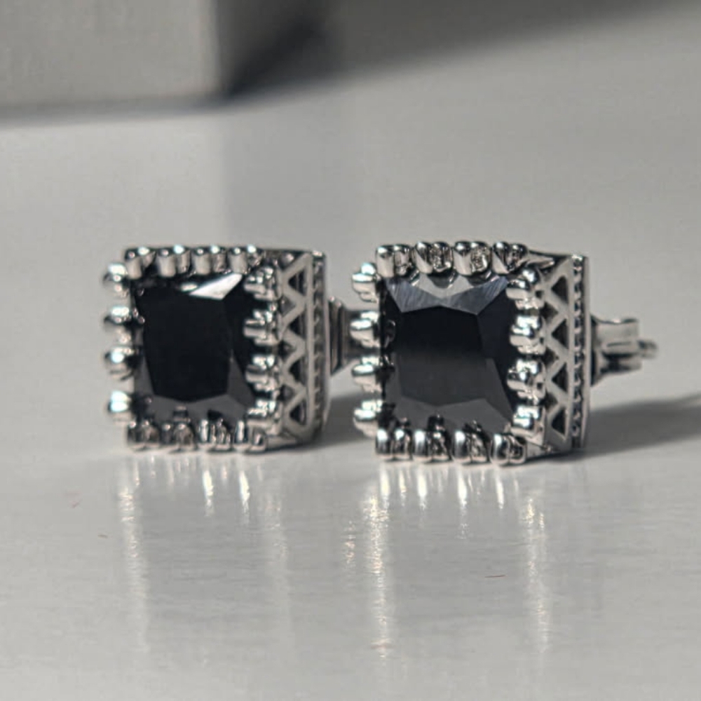 Artisan Crafted 925 Sterling Silver Black Stone Studs | Unique Openwork Design